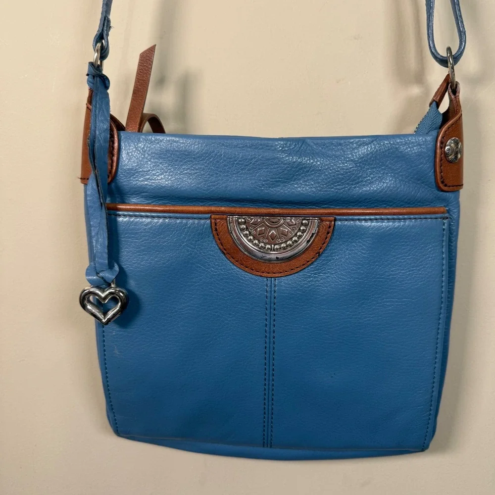 Brighton Shiloh Africanz Blue Pebbled Leather Crossbody Organizer Bag
